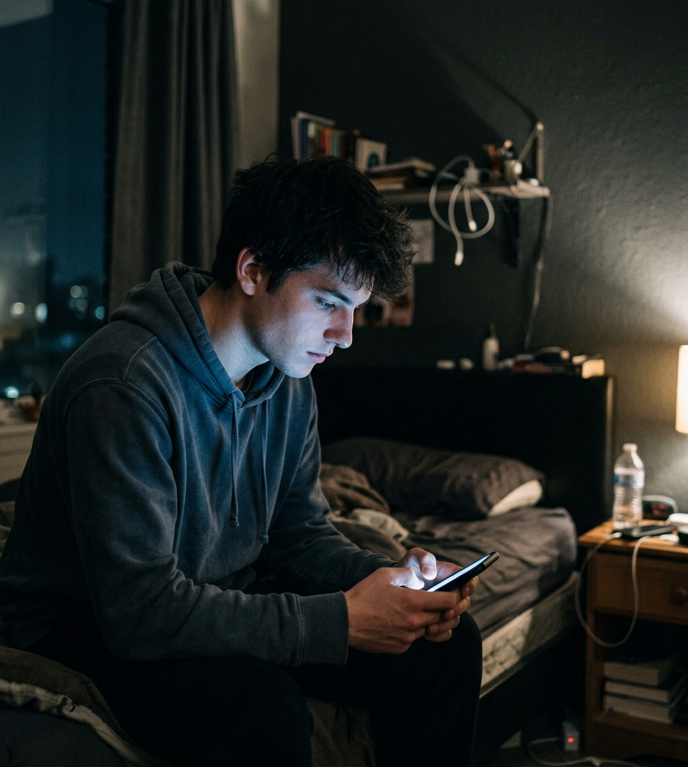 A young man alone in his room